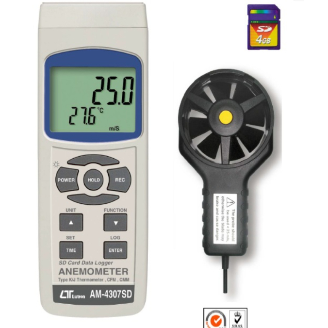 Lutron AM4207SD Anemometer + Air Flow + type K/J temp., SD Card